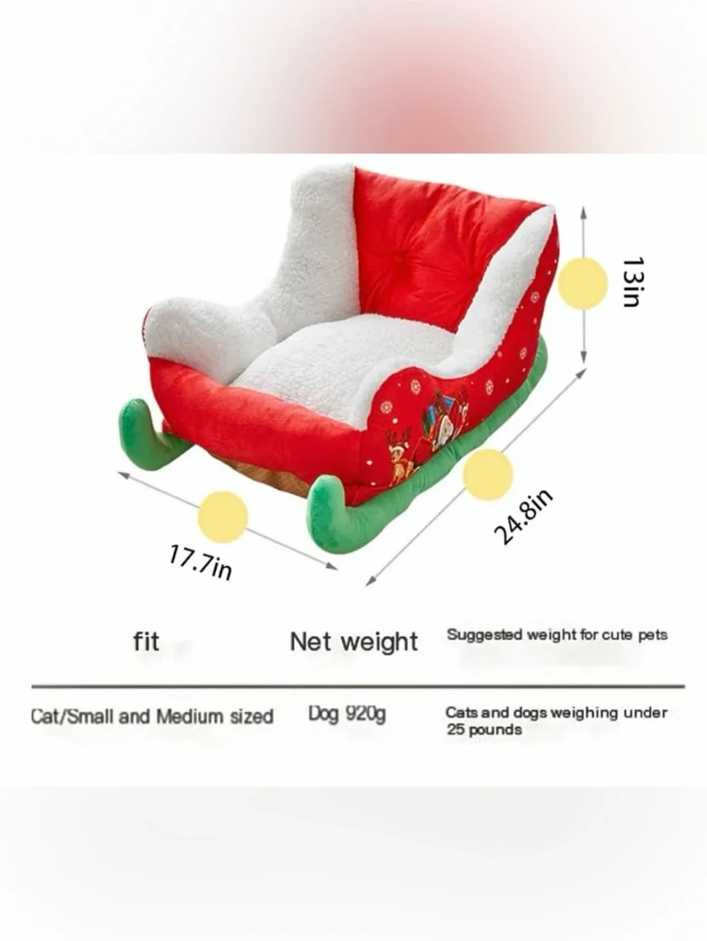 Red Holiday Sleigh Pet Bed with Plush White Lining